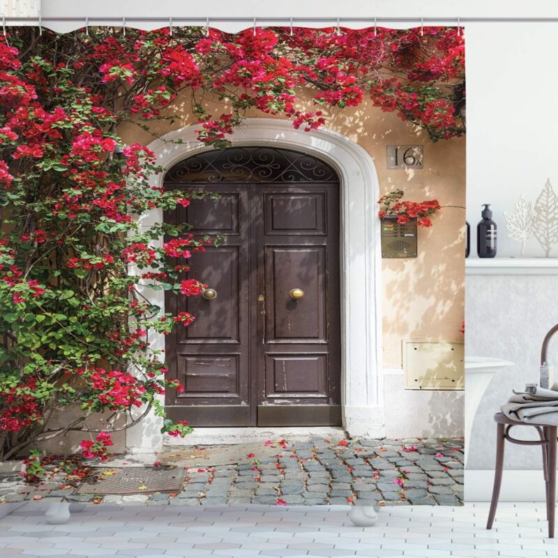 180 x 200 cm Multicolore marocain Rideau de Douche, Vieille Porte avec des Fleurs, Tissu Ensemble de Décor de Salle de Bain avec Crochets - Ccykxa
