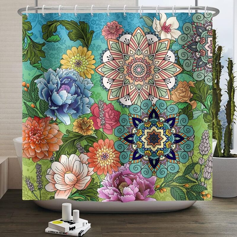 180Lx180Hcm Rideau de Douche Abstrait Bohême Fleurs Feuillage Rideau de Baignoire Anti Moisissure Imperméable Tissu Polyester Lavable Rideau Salle de