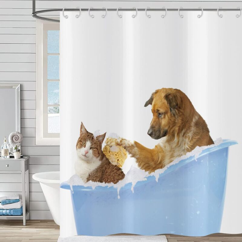 180x180cm Rideau de douche avec chiot et chaton amusants, rideau de douche mignon avec chiot et chaton nageant dans la baignoire, rideau de douche