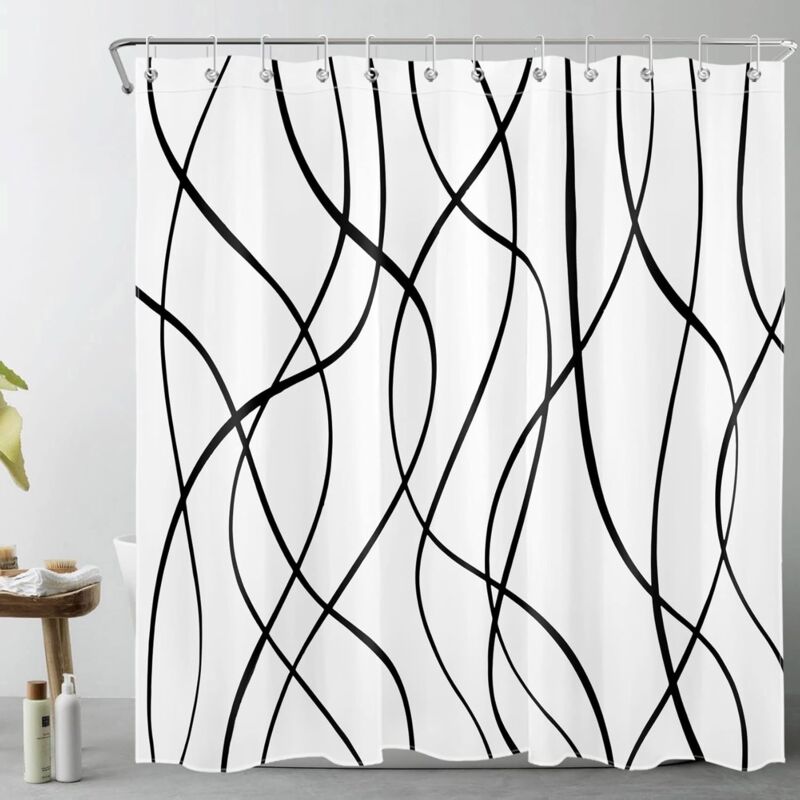 180x200cm(LxH) Abstrait Rideaux de Douche Rayures Noires Rideaux de Bain avec Crochets, Blanc géométrique Moderne Extra Longue Imperméable Polyester