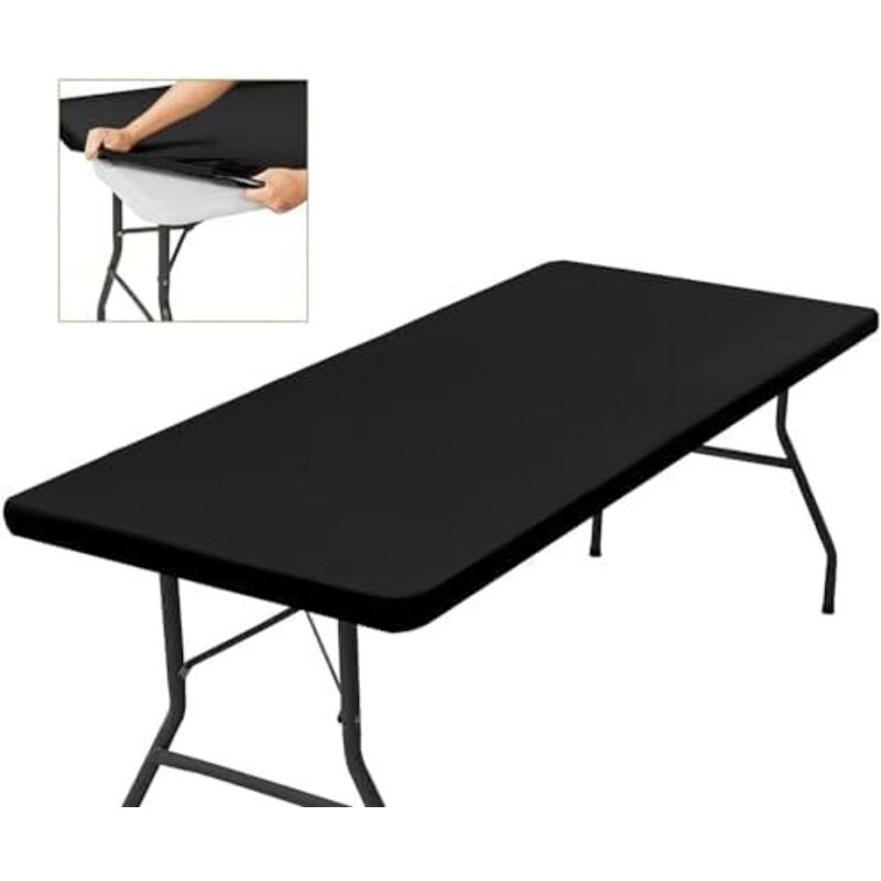1830×760×5)Nappe Rectangulaire de Table Ajustée Noire , Extensible, Avec Élastique, Lavable en Machine, Repelente au l'eau et Idéale pour Jardin,