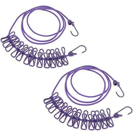 CCYKXA 2 Pack Clothesline with 12 Pegs, Expandable Adjustable Retractable Clothes Line for Camping Traveling, Outdoor Indoor Clothes Drying Purple