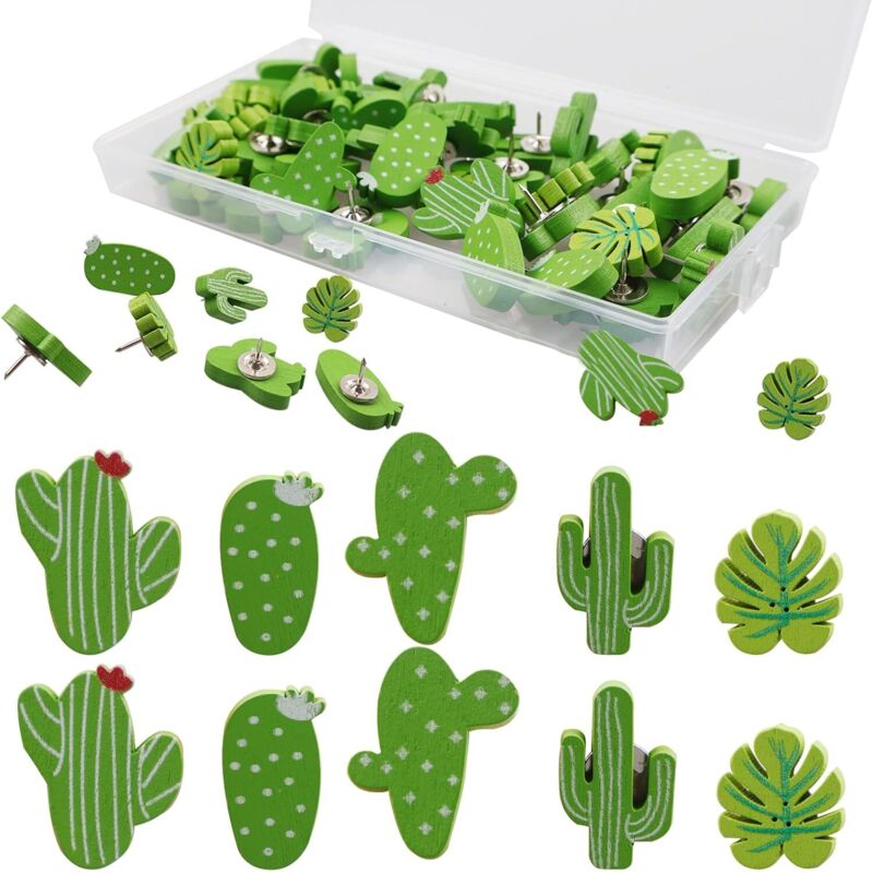 CCYKXA 30 Pieces Wooden Cactus Push Pins, Cork Board Wall Pins, Decorative Cactus Shaped Push Pins, Cute Thumbtacks for Pinboards, Office,