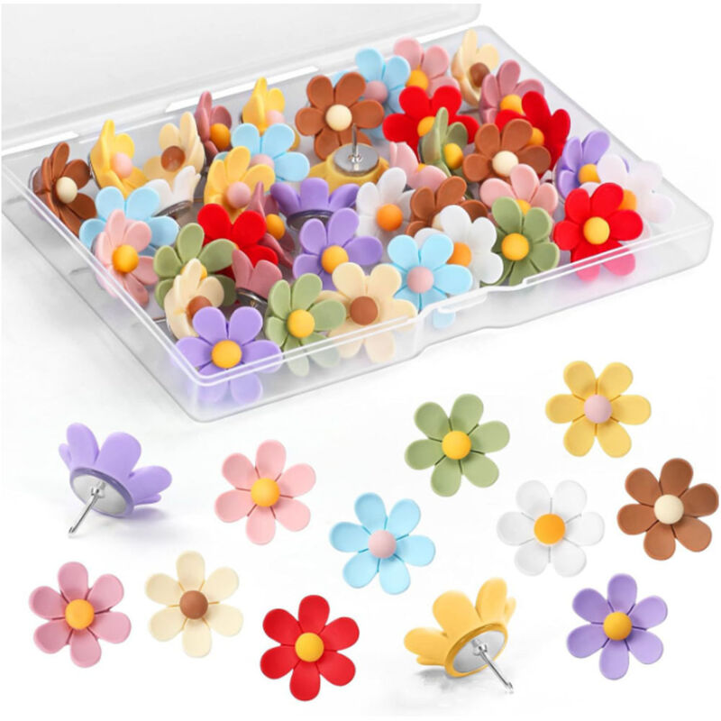 CCYKXA 30pcs Flower Push Pins, Decorative Push Pins for Bulletin Boards, Cute Flower Push Pins for Cork Boards, Fun Colorful Push Pins for Wall Photo