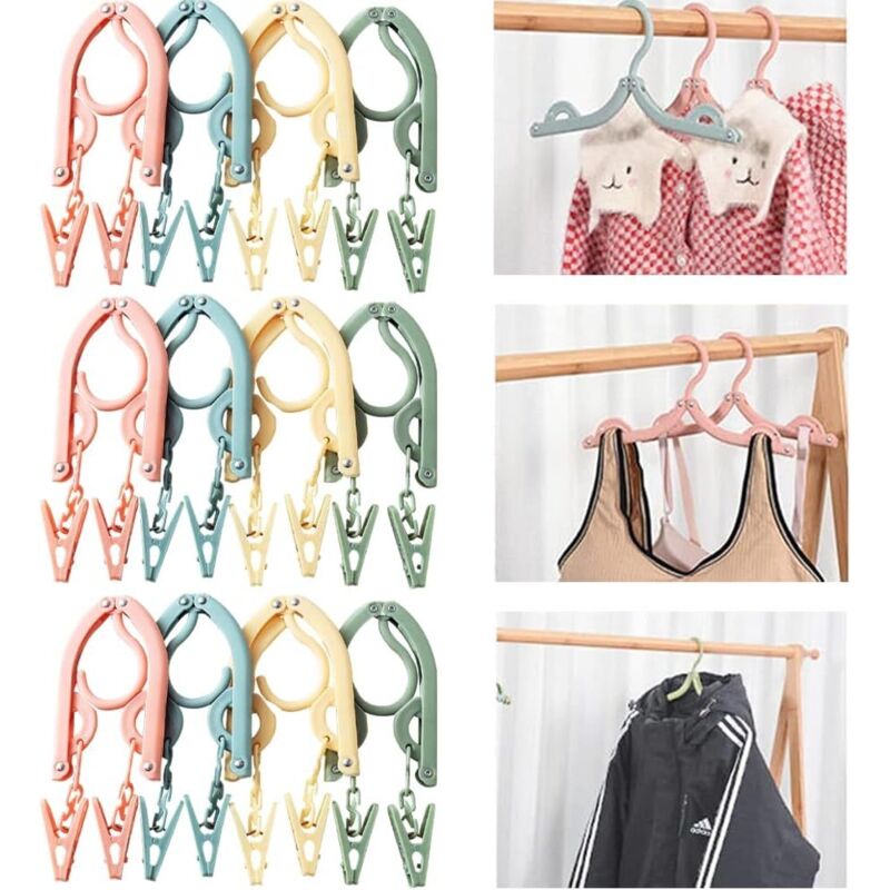 CCYKXA (4 Colors)12 Pack Folding Hangers with Clips - Portable Travel Hangers Plastic Foldable Space Saving Clothes Hangers for Home Travel Camping