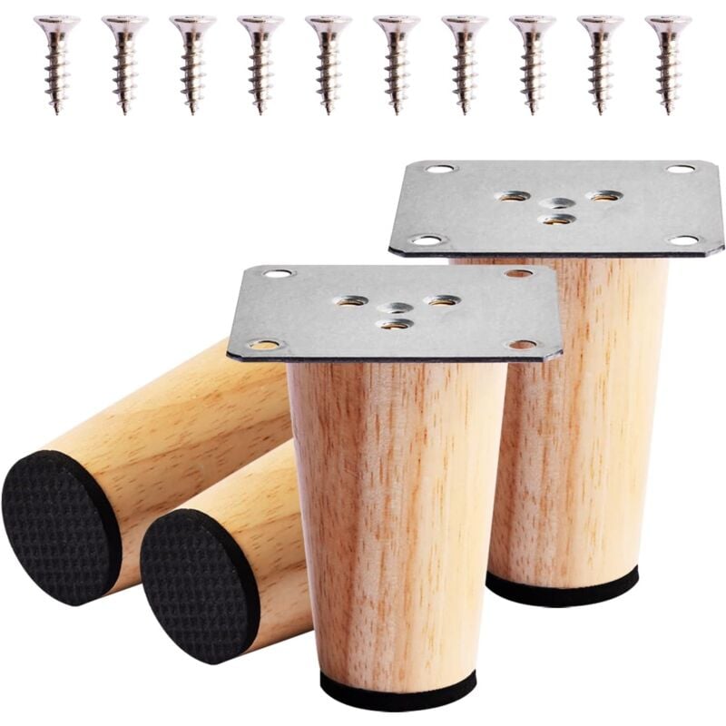Ccykxa - 4 Pièces 8cm Pieds de Meuble Bois, Rechange Pieds de Canapé de Bois Massif avec Plaque de Montage, Vis et Tapis antidérapant, Pieds de Table