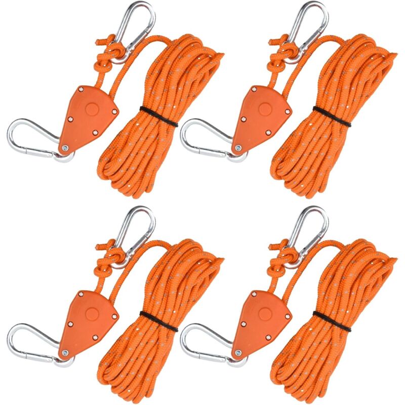 CCYKXA 4 Pièces (Orange) Corde de Tente Réfléchissante, 4mm Cordes à Cliquet avec Crochets, 5M Corde De Camping Légère pour Tente, Paracorde Corde