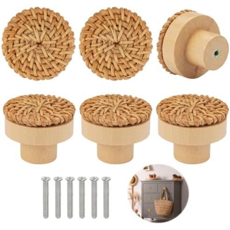 40×40×35)6 Pièces Boutons de Meuble en Rotin Bois, Poignée Meuble Bois, Bouton de Tiroir, Boutons de Portes pour Placards, Boutons de Meuble Rond en