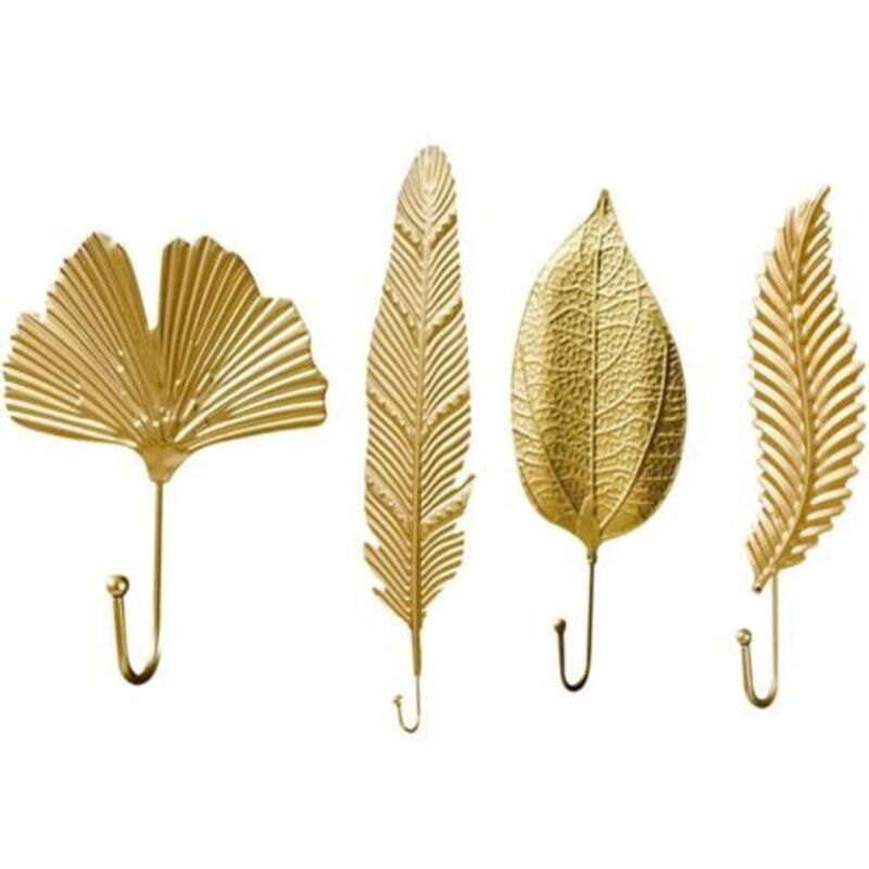 4PCS Crochets muraux vintage, patères en métal sans perçage Patères vintage Crochets dorés en forme de feuille Crochets rustiques pour clés, crochets