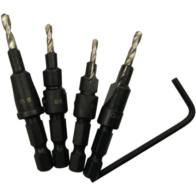 Ccykxa - 4Pcs Wood Countersink Drill Bit Set 6, 8, 10, 12 Countersink Drill Bits with 1/4' Hex Shank Quick Change and Allen Wrench, Countersink Drill