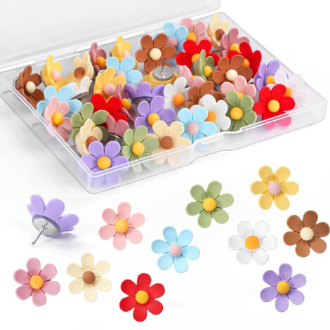CCYKXA  50pcs Punaises Tableau LiègePunaise MuralePunaises CarteAiguilles à épingles Punaise Dessin en Forme de Fleur Décoratives Colorées pour Tableau en Liège Tableaux d'Affichage Photo Maison Burea