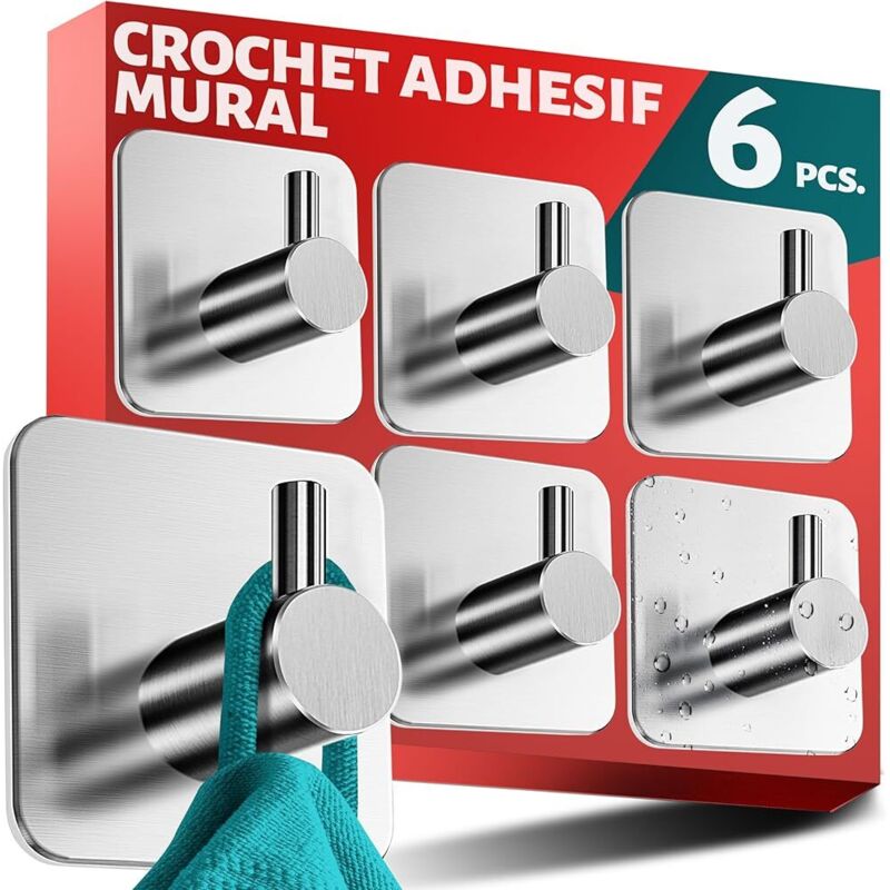 Ccykxa - 6 crochet adhesif mural - accroche serviette salle de bain inox sans perçage, accroche torchon cuisine - porte serviette salle de bain fort