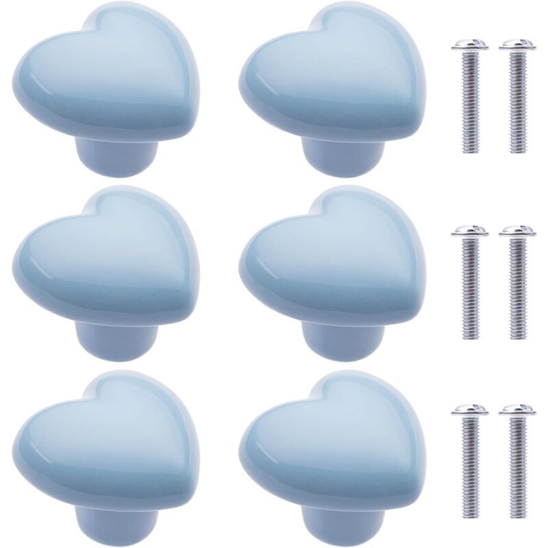 CCYKXA 6Pcs (Bleu Clair)Boutons de Placard en Céramique Boutons de Tiroir de Placard en Céramique en Forme de Cœur Poignées pour Armoires de Cuisine