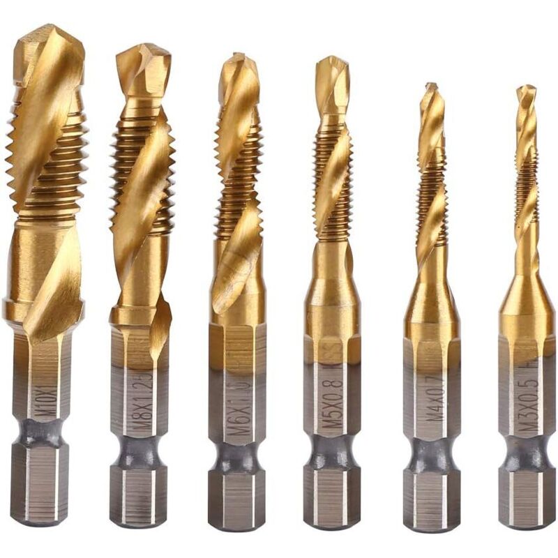 Ccykxa - 6pcs Tap Drill Bit Set, hss M3-M10 Titanium Coated Combination 1/4' Metric Hexagon Screw Tap Drill Bit