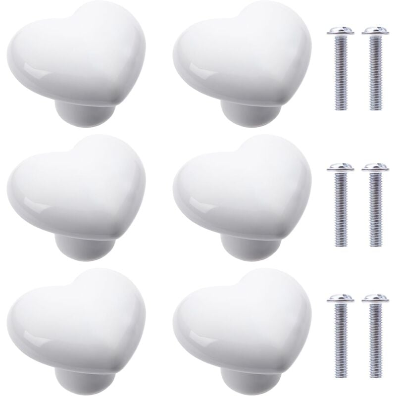 6Pcs(Blanc) Boutons de Placard en Céramique Boutons de Tiroir de Placard en Céramique en Forme de Cœur Poignées pour Armoires de Cuisine de