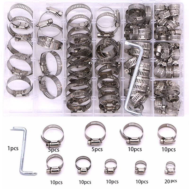 91 Pièces/8-38 mm,Collier de Serrage Réglables, Tuyau Clips, Colliers de Serrage en Acier Inoxydable, Pinces de Tuyau pour Tube A'automobiles,