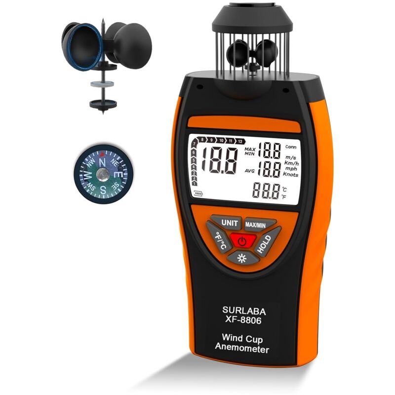 Anémomètre Numérique, 4 Cups Wind Speed Meter 0.742m/s, Portable Anemometer Mesurer Vitesse du Vent max/min/avg et Température (℃/℉), Air Flux