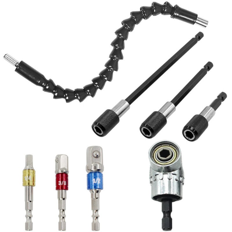 Angle Screwdriver Bit Set, 3 Pcs Magnetic Screwdriver Bits with Hex Shank + 1 Right Angle Drill Bit + 1 Flexible Angle Extension Drill Chuck + 3