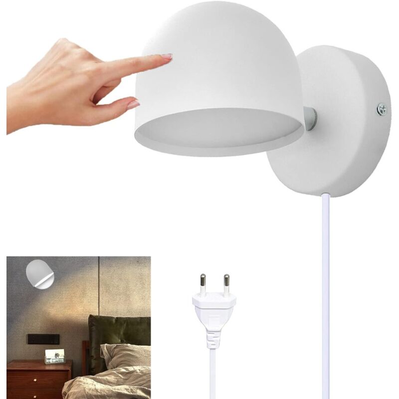CCYKXA Applique Murale Intérieur LED 9W Avec Prise, Lampe Murale Tactile Dimmable Lampe de Chevet Rotatif 360°, 3000k Blanc Chaud Réglable Liseuse