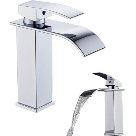 CCYKXA Basin Mixer Tap - Modern Waterfall Design with Click-Clack Waste - Hot and Cold Water Tap, Includes Explosion-Proof Stainless Steel Hose (60 cm), Flat Opening