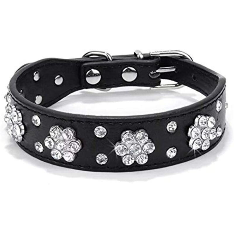 Ccykxa - Collier pour chien avec strass - Jolie fleur et strass - Collier bling bling en cuir synthétique - Tailles réglables - m- Noir