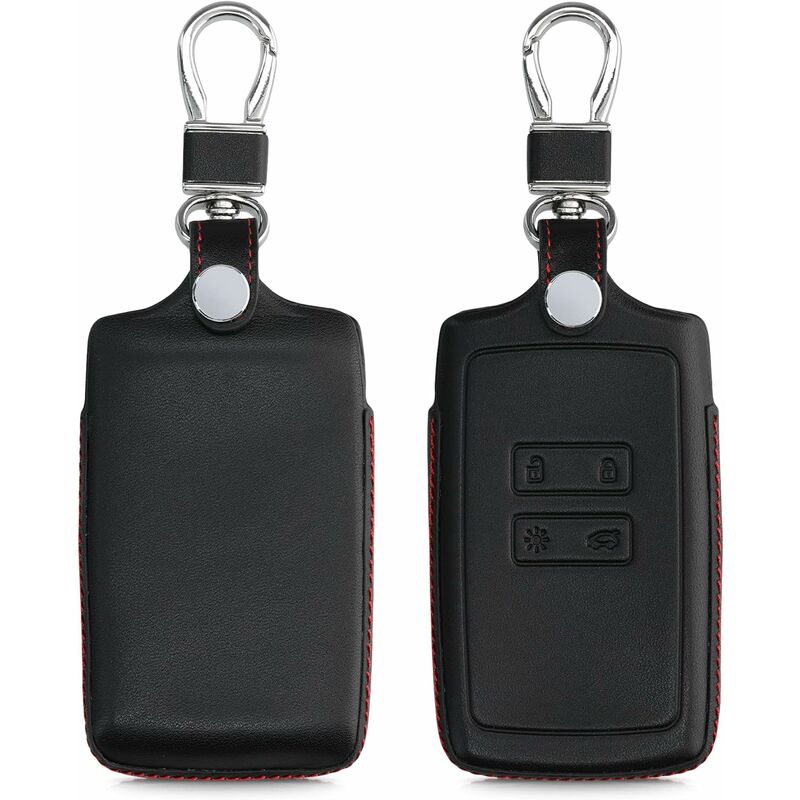 Ccykxa - Coque Compatible avec Renault Smart Key 4 Bouton Keyless Go Uniquement Noir Rouge Coque de clé de Voiture en Cuir véritable avec Anneau
