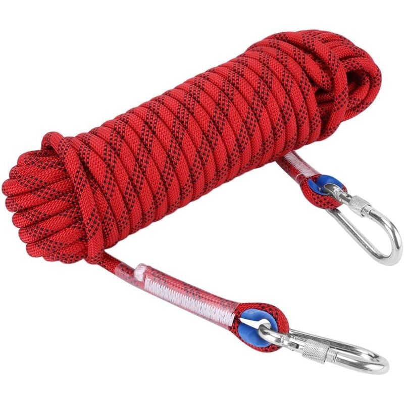 Ccykxa - Corde D'escalade, 20m 12mm Multipurpose Heavy Duty Corde Équipement avec 2 Mousquetons, pour Randonnée, Alpinisme, Sports de Plein Air,