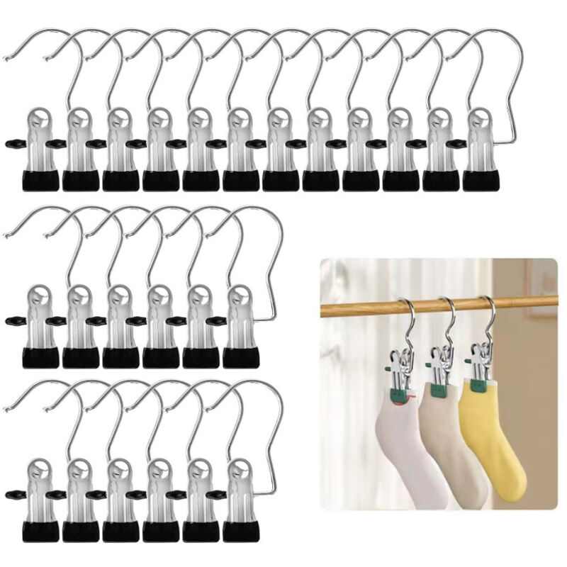 CCYKXA Crochets de suspension portables, argent/noir, lot de 24, pinces pour cintres, crochets pour pantalons, chaussures, serviettes