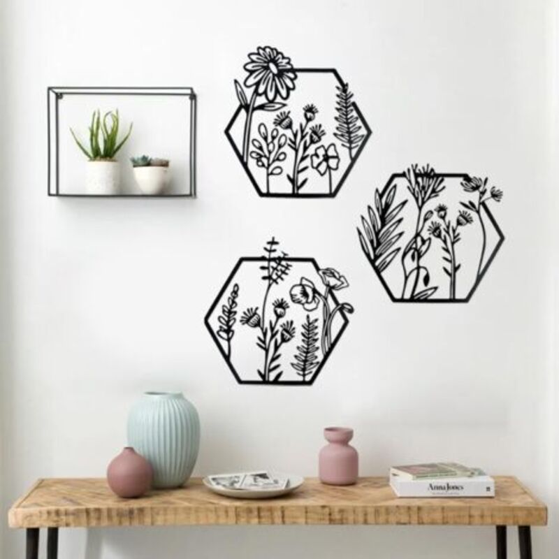 Deco Murale Metal,Fleurs Decoration Murale Metal,3 Pièces Décoration Murale en Métal Noir,Minimalisme Art Ligne Fleur Murale Decorative pour