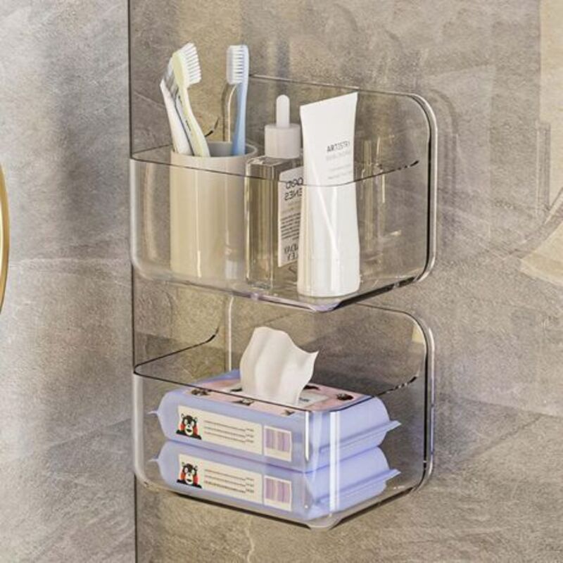 Ensemble de 2 étagères de douche, sans perçage, pour cloisons de salle de bain, étagère de rangement murale auto-adhésive, transparente avec trous de