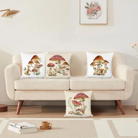 CCYKXA Federa per cuscino con motivo funghi autunnali 45 x 45 cm, rossa e marrone, con animale, in morbido poliestere, federa decorativa per divano, camera da letto, giardino, casa, 4 pezzi, imbottitu