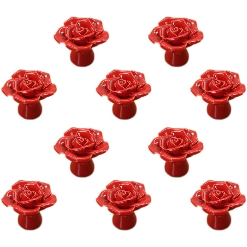 Fleur Rose Poignée de porte en céramique Commode Armoire de cuisine Placard Tiroir Poignées Lot de 10 pack,Rouge - Ccykxa