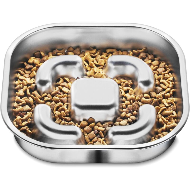 Gamelle Anti Glouton Chien, Bol à Alimentation Lente pour Chien en Acier Inoxydable avec Tapis en Silicone Antidérapant, Bol à Alimentation Lente à