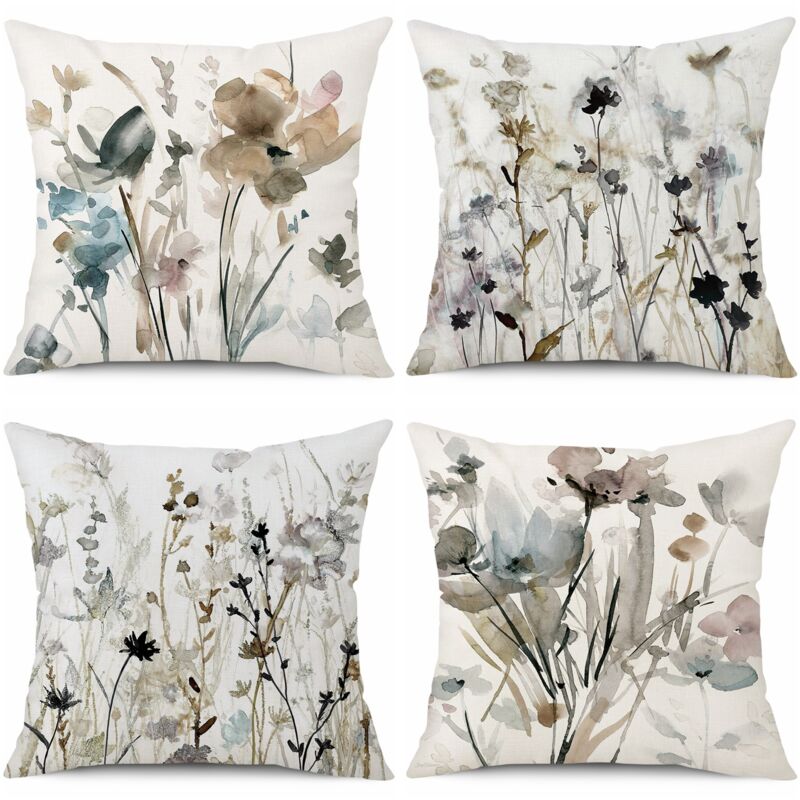 CCYKXA Housse de Coussin 45 x 45 Lot de 4 Housse Coussin en Lin Coussins de Canapé Modernes Florale Peinture à l'aquarelle Coussin Canape Chambre