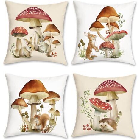CCYKXA Housse de Coussin Automne Champignon 45 x 45 cm Champignons Rouge Marron Animaux Polyester Doux Décoratif Taie d'oreiller pour Canapé Chambre Jardin Maison Décoration 4 Pièces,Noyau non inclus