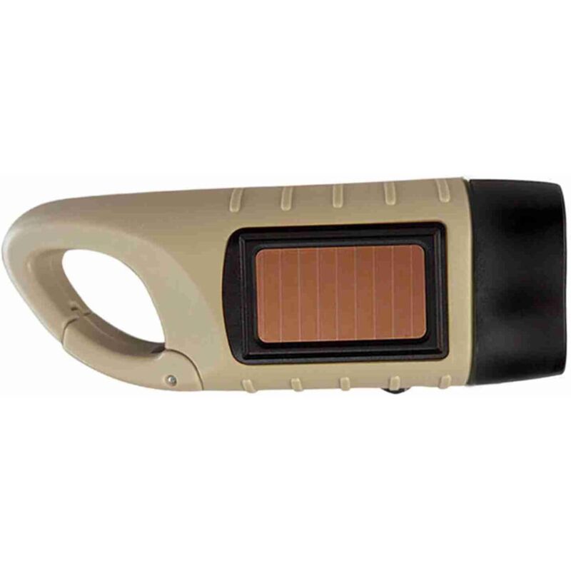 Linterna solar con dinamo y manivela (caqui) con mosquetón, doble fuente de alimentación para camping, senderismo y emergencias. - Ccykxa