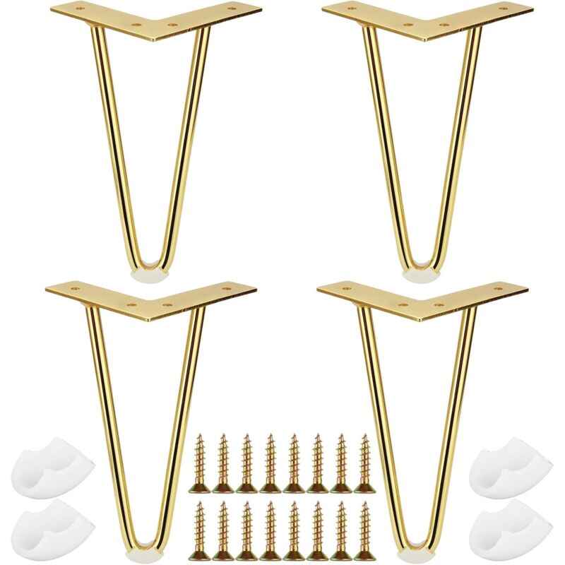 Lo de 2 Pied de Meuble Doré 20 cm Pieds de Table en Épingle à Cheveux avec Vis et Rotège Pieds Pied de Table Metal Doré Pied Table Basse Pieds de