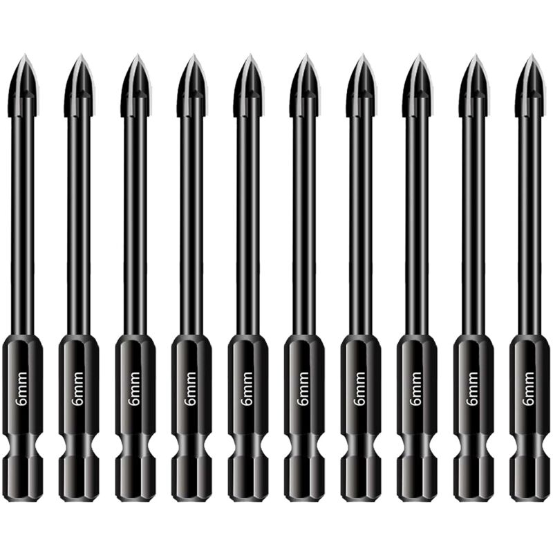 CCYKXA Lot de 10 forets de 6 mm pour carrelage et verre, Tige hexagonale 1/4 en carbure de tungstène, Outil de perçage pour porcelaine, céramique,