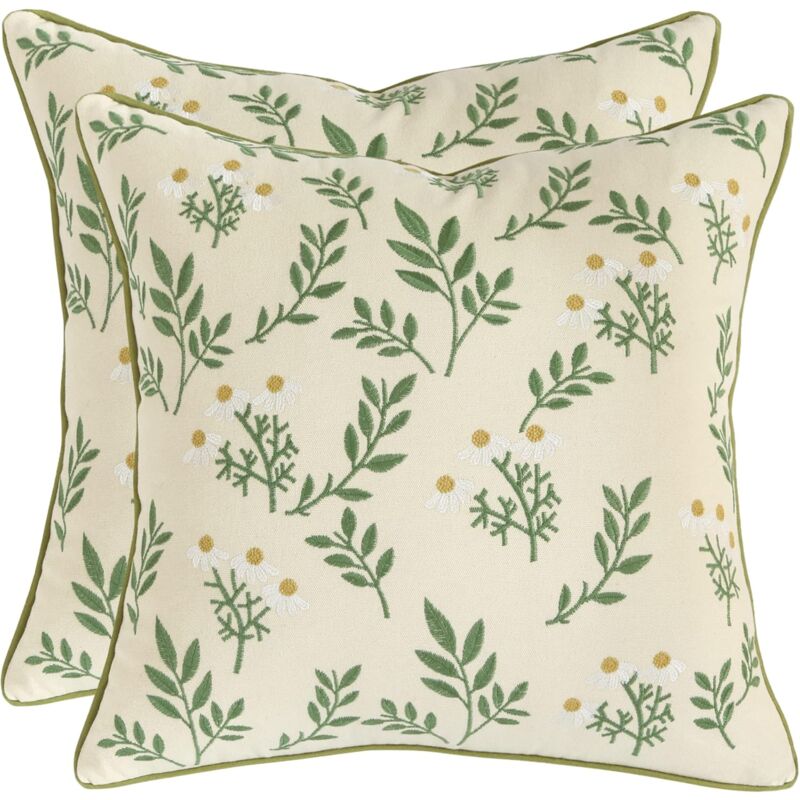 Ccykxa - Lot de 2 Housse de Coussin Brodées 45x45 Taie d'oreiller en Coton Floral Marguerites Deco pour Canapé Chambre Salon Voiture Fauteuil