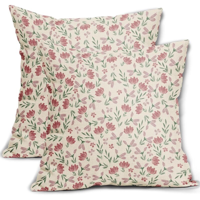 CCYKXA Lot de 2 housses de coussin décoratives vintage et rustiques à motif floral vert et rose, 45 x 45 cm, avec petites fleurs mignonnes, pour