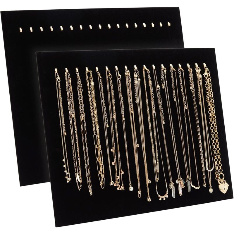 Lot de 2 Présentoir Organisateur de Colliers Plateau de Présentation en Velours Noir pour Bijoux avec 17 Crochets, 37 x 30 x 1,5 cm - Ccykxa