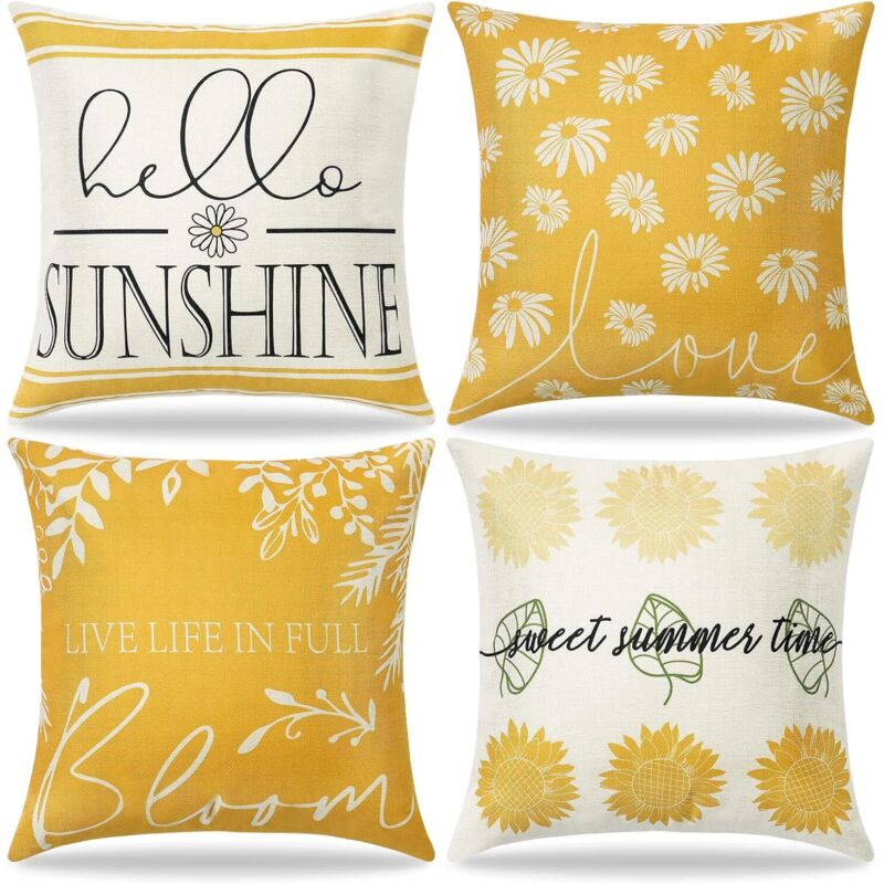 Lot de 4 Housses de Coussin Hello Sunshine Canapé Taie d'oreiller Jaune Marguerite Tournesol Housses de Coussin en Lin Décoration pour Salon Lit