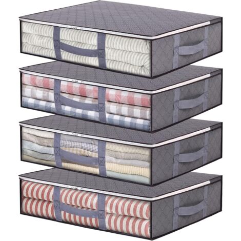 CCYKXA Lot de 4 sacs de rangement pliables de 40 L avec fenêtre transparente et poignées renforcées, organiseur à fermeture éclair pour couettes, couvertures, literie, gris