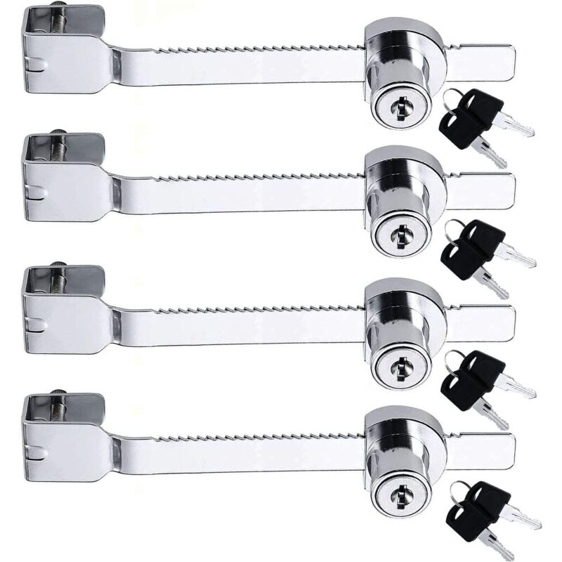 Lot de 4 verrous de scie coulissante avec clé différente serrure verrou vitrine en verre, vivarium, terrarium, vitrine, serrure à cliquet pour porte