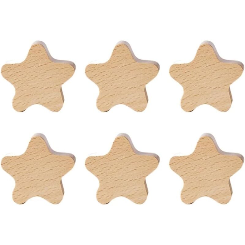 Lot de 6 crochets en bois en forme d'étoile pour vêtements en bois massif - Poignées de placard en bois - Poignées de porte de placard en bois