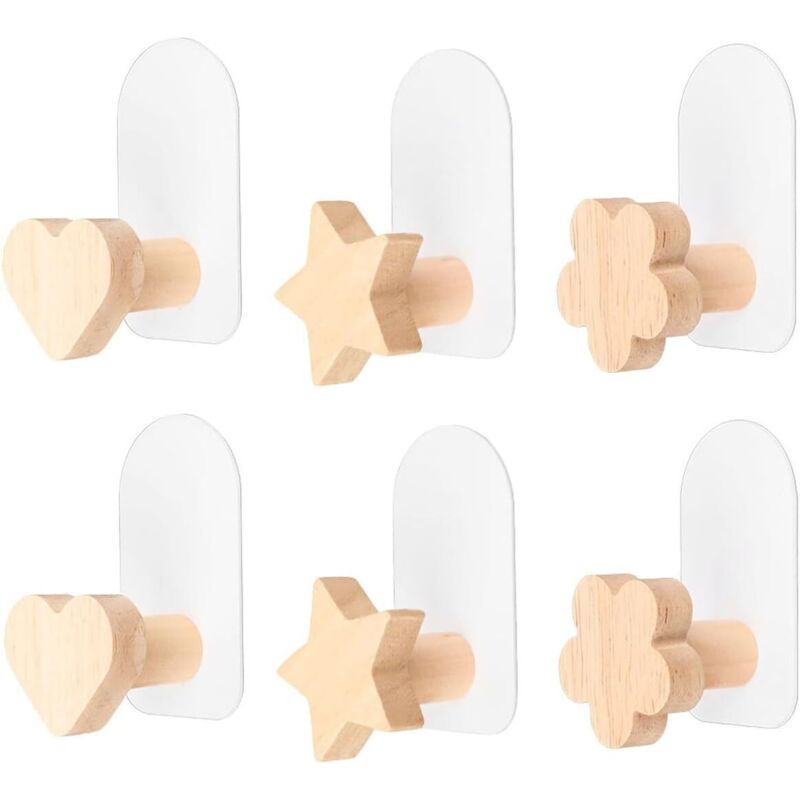 CCYKXA Lot de 6 crochets muraux en bois autocollants pour enfants - Sans perçage - Pour manteau, bonnet, écharpe, chapeau, sac