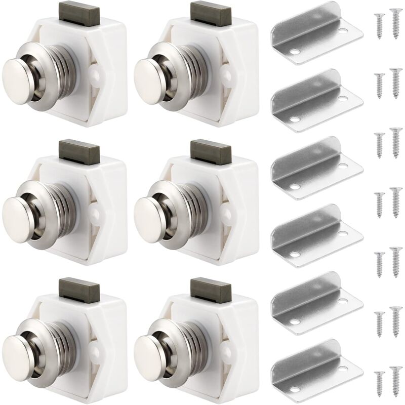 Lot de 6 verrous à bouton-poussoir pour placard, tiroir, placard, porte, caravane, camping-car, bateau, blanc - Ccykxa