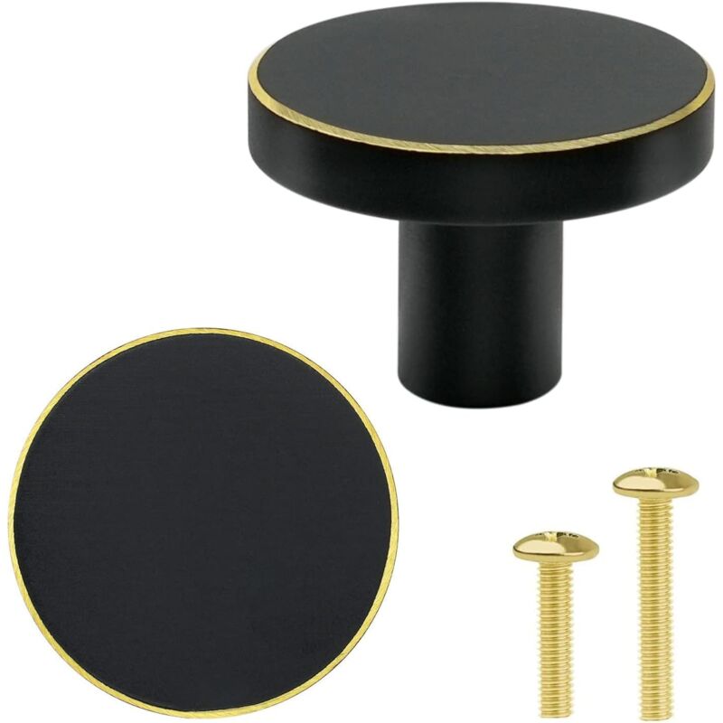 Lot de 8 Boutons en Laiton Massif pour Porte D'armoire - Poignées Noires de Tiroir - Boutons Ronds de Meubles avec Vis pour Placards de Cuisine,