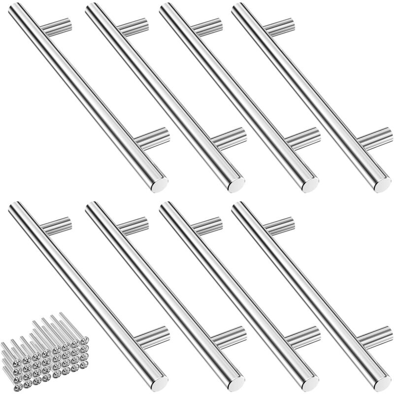 Lot de 8 Poignee de Meuble Cuisine Inoxydable Argent, Poignee Porte Cuisine Espacement des Trous de 128mm, Arrondi Poignées pour Placards avec 32