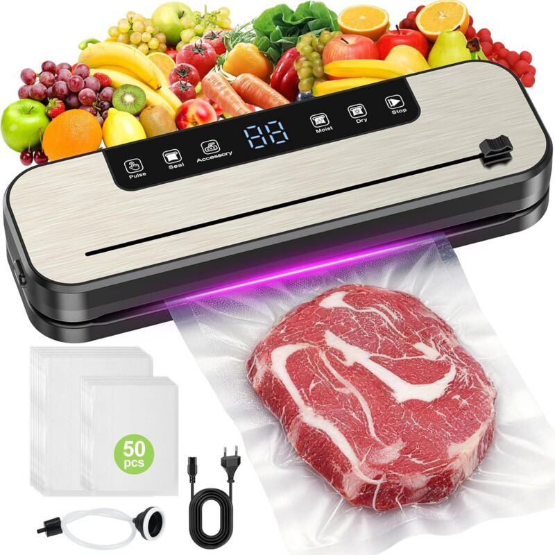 CCYKXA Machine Sous Vide Alimentaire, Appareil de Mise Sous Vide 6 en 1 avec Modes Sec et Humide, UV, 10Sacs, Couteau de Coupe et Tuyau, Scellure